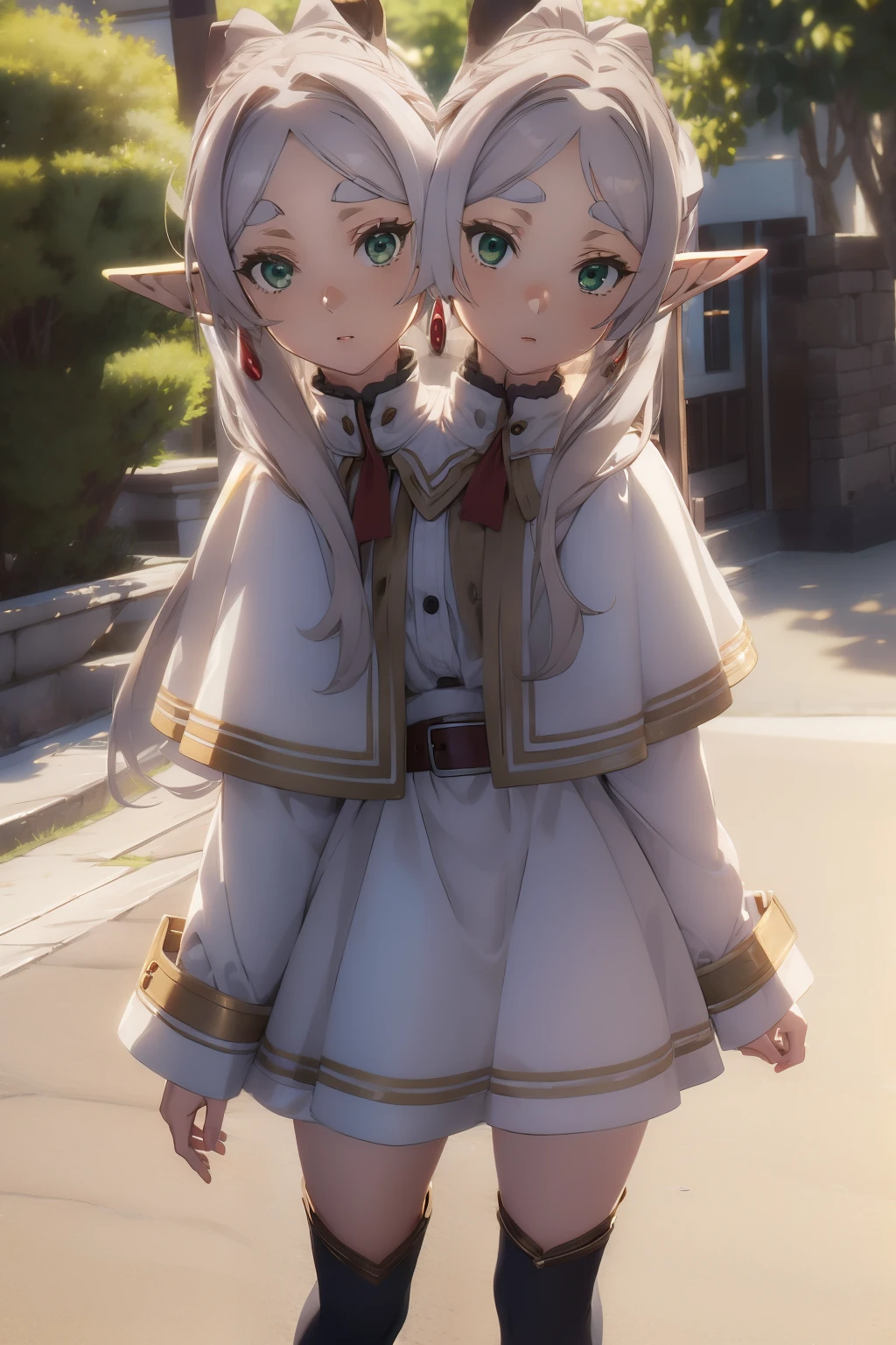 (2 heads:1.5), 1 girl,Alone,elf,by white,gray fur,earrings,pointy ears,wide,Horse tail,green eyes,two tails,split bangs,thick eyebrows,collared cape,white capelet,striped shirt,long sleeves,striped,White skirt.,
shackles,brown shoes,Expressionless,red cane,, exquisite images, High Definition,Masterpiece,Best Quality,, exquisite images,High Definition,Masterpiece,Best Quality,18 years,young female,beautiful fingers,beautiful long legs,beautiful body,beautiful character design,white panties,