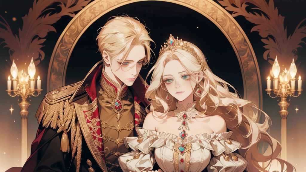 fantasy, 19th century, empress, woman, gentle face, blonde hair, green eyes, in a white royal off-shoulder dress, Gold patterns on fabric, Crystal jewelry, with a scarlet ribbon on the shoulder in royal regalia, Gothic white stone castle in the background, world, is, A high resolution