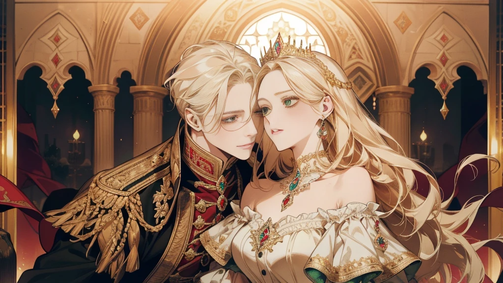 fantasy, 19th century, empress, woman, gentle face, blonde hair, green eyes, in a white royal off-shoulder dress, Gold patterns on fabric, Crystal jewelry, with a scarlet ribbon on the shoulder in royal regalia, Gothic white stone castle in the background, world, is, A high resolution