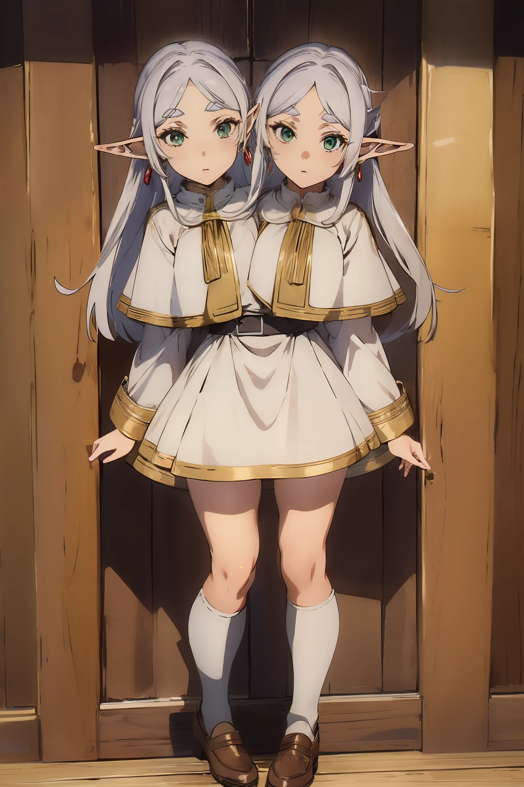 (2 heads:1.5), 1 girl,Alone,elf,by white,gray fur,earrings,pointy ears,wide,Horse tail,green eyes,two tails,split bangs,thick eyebrows,collared cape,white capelet,striped shirt,long sleeves,striped,White skirt.,
shackles,brown shoes,Expressionless,red cane,, exquisite images, High Definition,Masterpiece,Best Quality,, exquisite images,High Definition,Masterpiece,Best Quality,18 years,young female,beautiful fingers,beautiful long legs,beautiful body,beautiful character design,white panties,