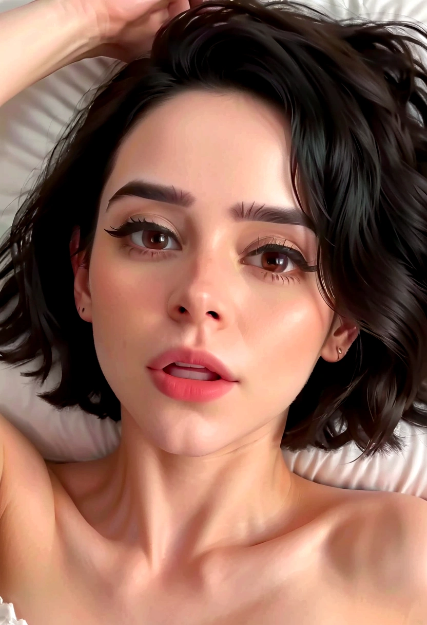 (1 girl:1.2) , (view from above:1.2) , zoom in, whole body,  (encima da cama:1.3) , (open mouth:1.3) , (short hair:1.2) , realistic face, very detailed, (absurdres:1.2) , (facing the camera:1.3) , (beauty) , long eyebrows, bochechas, pele rosada, calmo, iluminado, 8k (bikini:1.2) , (black hair:1.2), (brown eyes:1.2), (wavy hair:1.2), (pale skin:1.3).