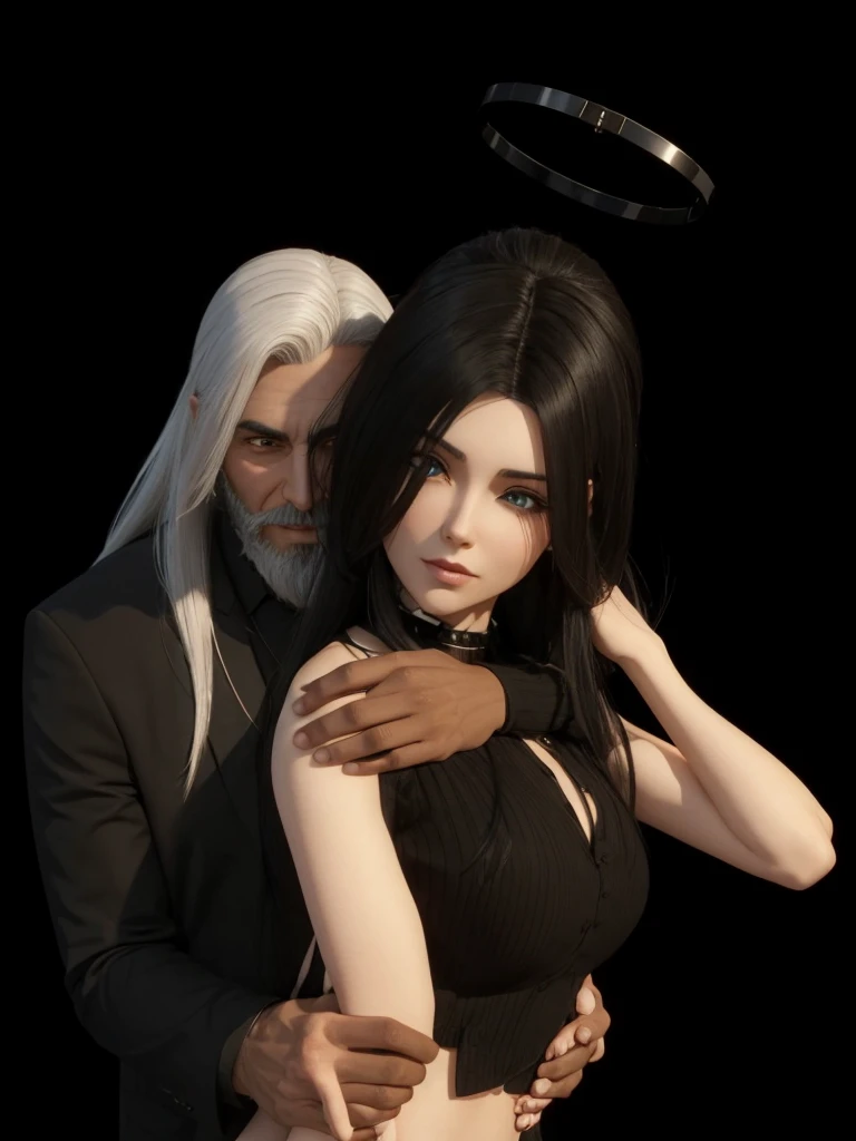 there is a 3D image of a man and a woman hugging, bearded man with white hair, second life avatar, couple pose, the woman with black hair