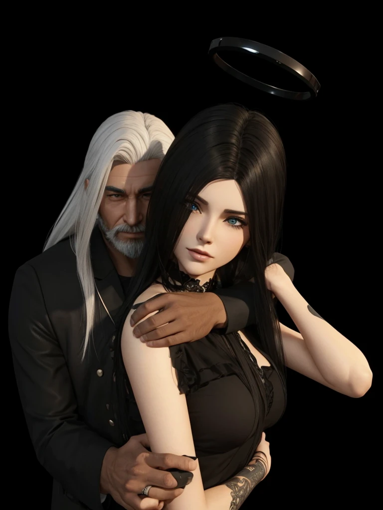 there is a 3D image of a man and a woman hugging, bearded man with white hair, second life avatar, couple pose, the woman with black hair