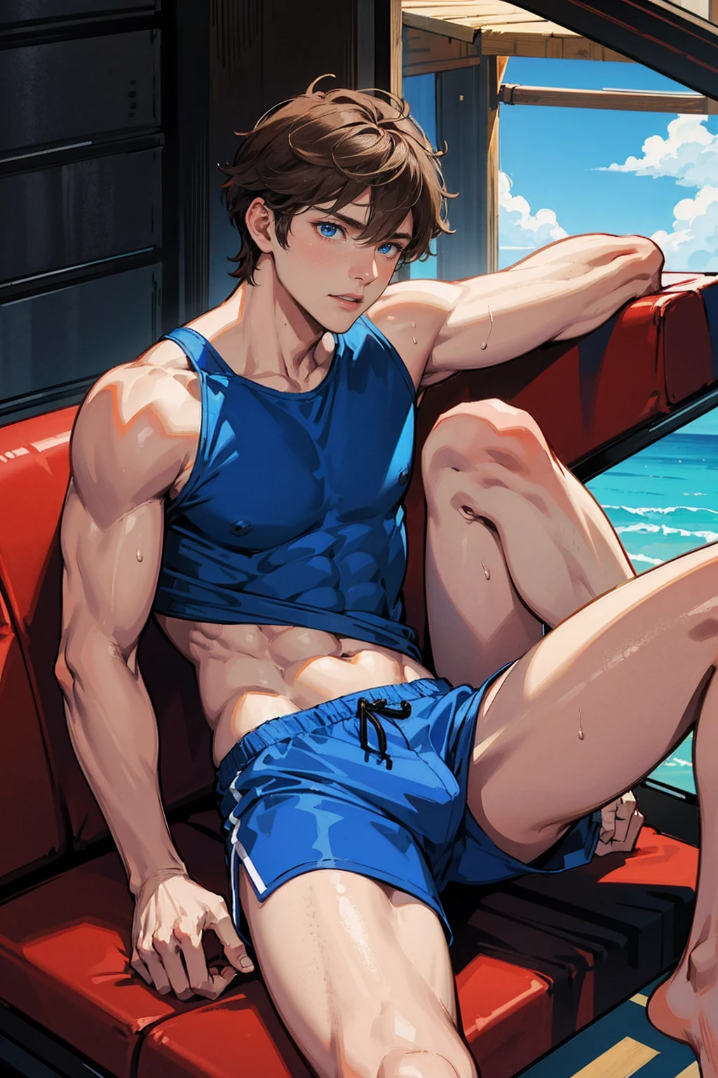 Brown hair boy, blue blue eyes, male face, muscular, hot and sexy sweaty body, shirtless, wearing short red shorts, barefoot, Sitting with legs open