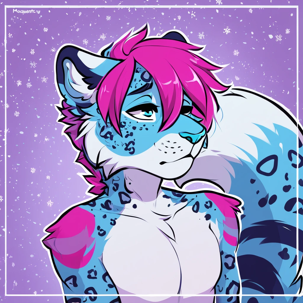 adult, feline, mammal, anthro, anthropomorphic, snow_leopard, striped, fur, striped_feline, fur, furred_anthro, femboy, male, light_pink, magenta_hair, fluffy, long_tail, blue_nose, expressive eyes, feline_ears, magenta_hair, blue_fur, light_blue_chest, shy, small_pupils, spotted_pattern, stripes, digital_art, high_resolution, high_res, hand-drawn, pencil_lines, head_visible, background, neck_visible, seductive_face, blue_galaxy_background, white_outline, detailed_line_work, profile_picture, head_visible
