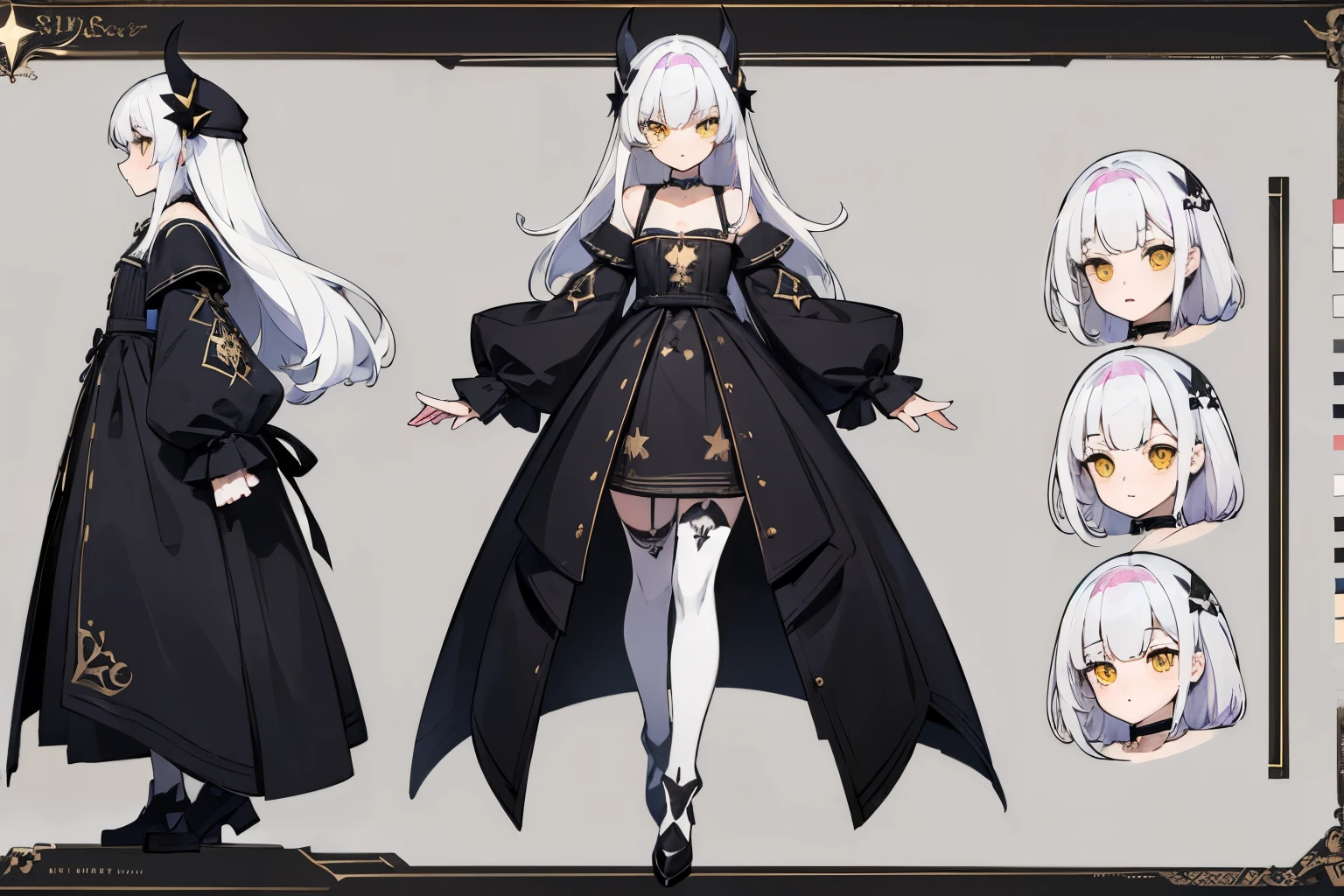 ((Masterpiece, Highest quality)), Detailed face, character sheets, full body, Full of details, Multiple poses and expressions, Highly detailed, Depth, Many parts, girl , Children all over the body,White color hair，Black pick dye，Yellow eyes， mitts, Stockings, Black choker, The eye, Star (symbol), pupils in symbol shapes
