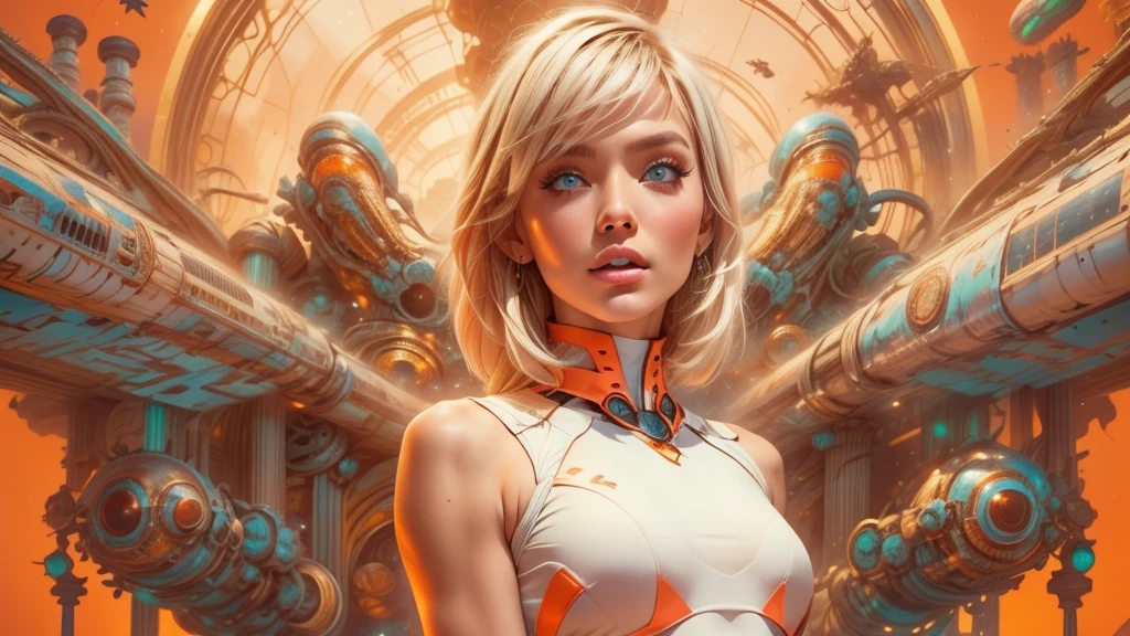 arafed image of a white woman in a futuristic suit with a spaceship in the background, movie art, in front of an orange background, inspired by Robert McGinnis, female protagonist, megastructure in the background, portrait of an ai astronaut, astronauts, an astronaut, portrait of a astronaut skeletor, perfect android girl, Highly Detailed Face and Skin Texture, Detailed Eyes, Double eyelids, perfectly detailed teeth, frank franzzeta and sakimichan