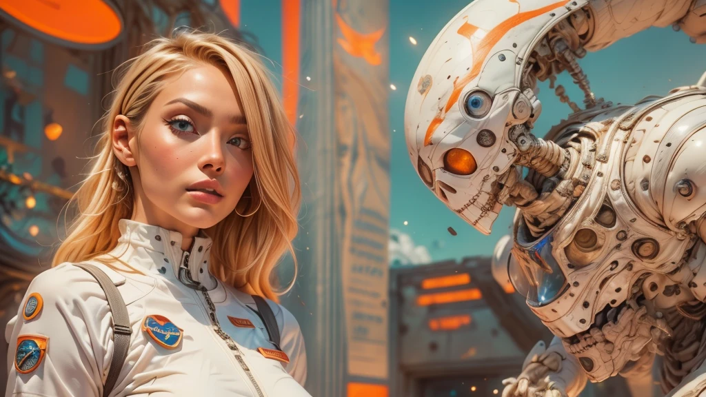 arafed image of a white woman in a futuristic suit with a spaceship in the background, movie art, in front of an orange background, inspired by Robert McGinnis, female protagonist, megastructure in the background, portrait of an ai astronaut, astronauts, an astronaut, portrait of a astronaut skeletor, perfect android girl, Highly Detailed Face and Skin Texture, Detailed Eyes, Double eyelids, perfectly detailed teeth, frank franzzeta and sakimichan