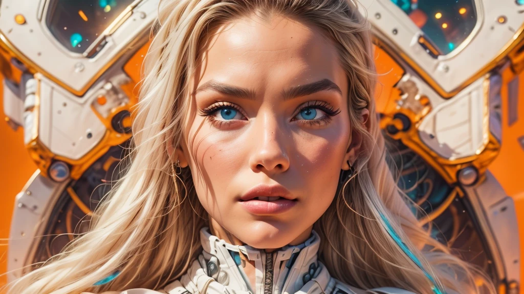 arafed image of a white woman in a futuristic suit with a spaceship in the background, movie art, in front of an orange background, inspired by Robert McGinnis, female protagonist, megastructure in the background, portrait of an ai astronaut, astronauts, an astronaut, portrait of a astronaut skeletor, perfect android girl, Highly Detailed Face and Skin Texture, Detailed Eyes, Double eyelids, perfectly detailed teeth, frank franzzeta and sakimichan