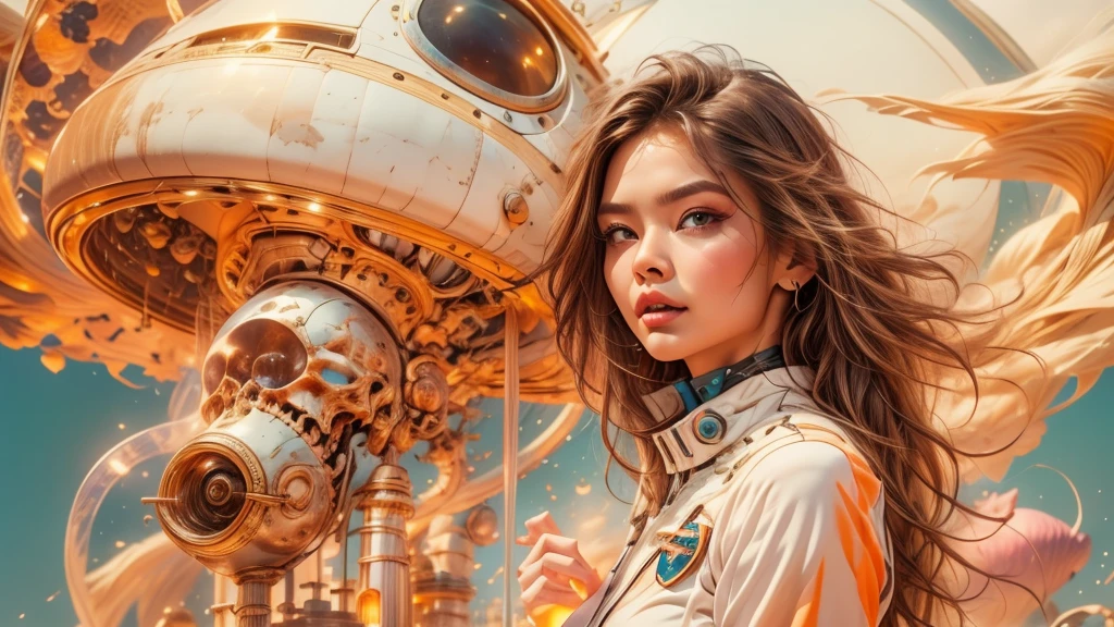 arafed image of a white woman in a futuristic suit with a spaceship in the background, movie art, in front of an orange background, inspired by Robert McGinnis, female protagonist, megastructure in the background, portrait of an ai astronaut, astronauts, an astronaut, portrait of a astronaut skeletor, perfect android girl, Highly Detailed Face and Skin Texture, Detailed Eyes, Double eyelids, perfectly detailed teeth, frank franzzeta and sakimichan  