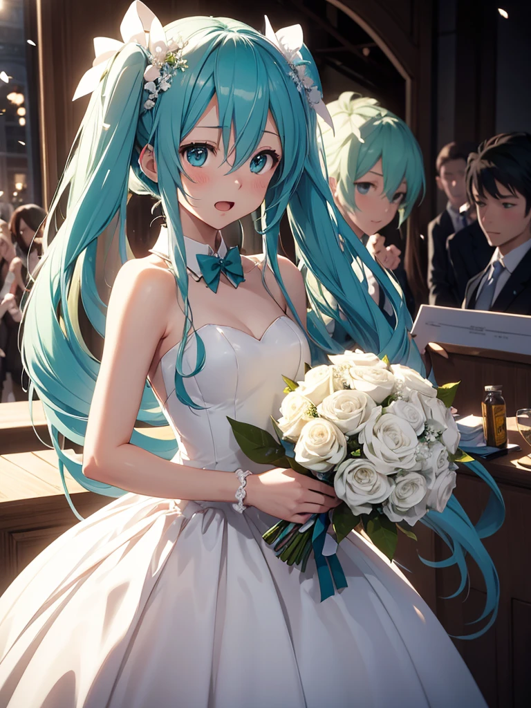 hatsune miku, very shame, very cute, wedding dress, holding a bouquet, open mouth