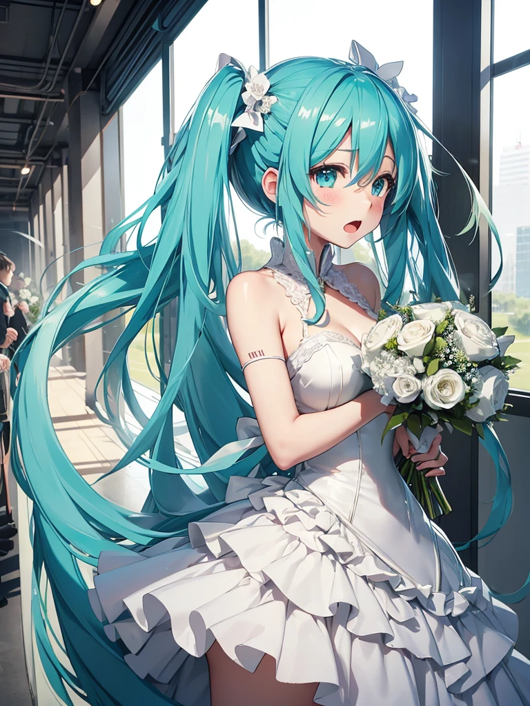 hatsune miku, very shame, very cute, wedding dress, holding a bouquet, open mouth