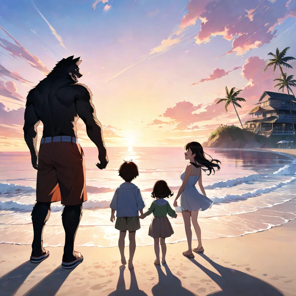 cover page, anime key visual, highres, top quality, best quality, paid reward available, High-quality illustrations, unparalleled masterpiece, perfect artwork, absurdres(family watching sunrise at the beach)((kemono werewolf family with two parents of diverse descents and a child)perfect anatomy, mesmerized by the sunrise,  playing with sand and building a sandcastle, serene beach with gentle waves, sky with vibrant colors of dawn, family’s expressions of awe and happiness, moment of peace and togetherness, fan-created work shared on platforms Pixiv or , cinematic lighting, dynamic angle,