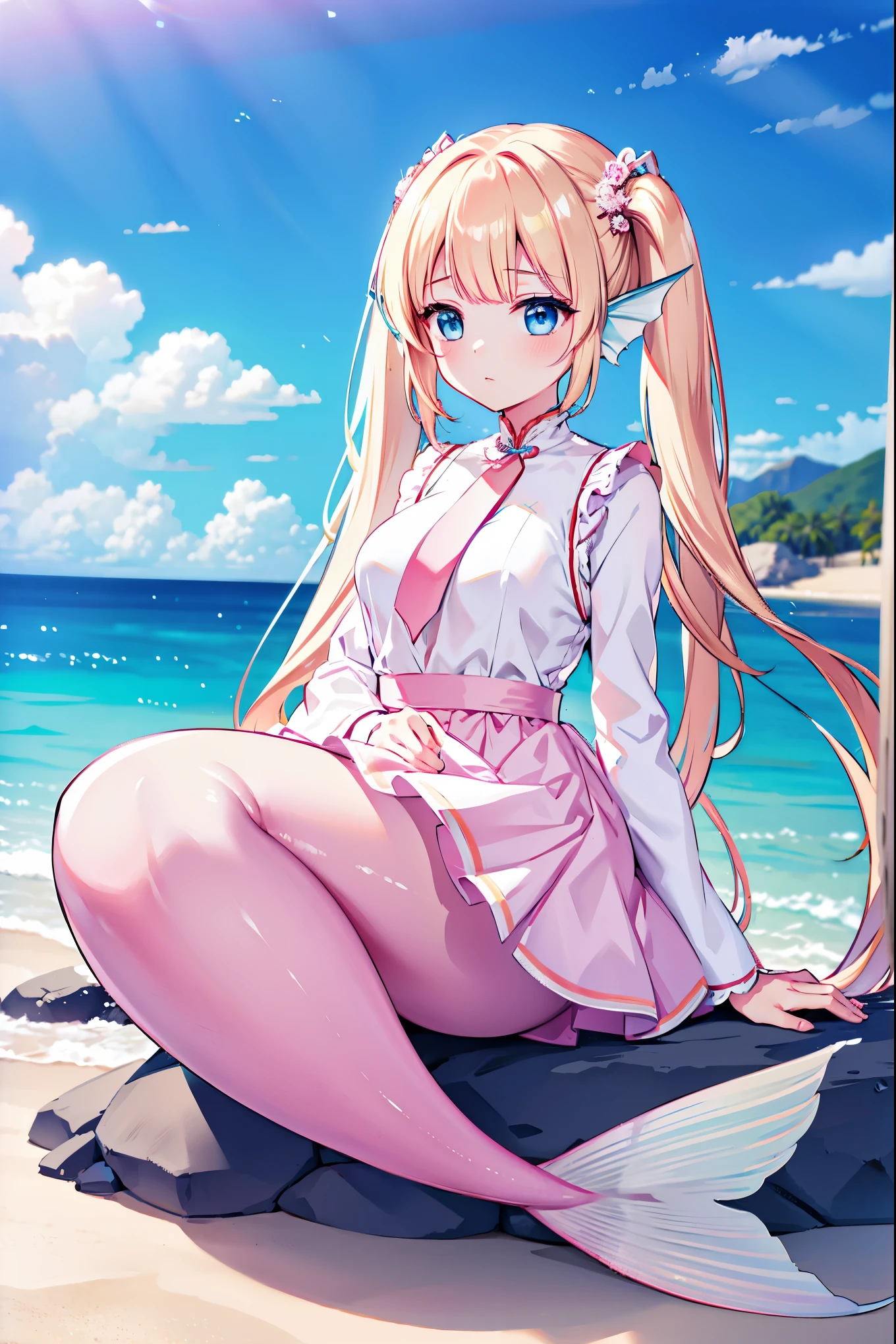 masterpiece, best quality,(perfect five fingers,The best ratio of four fingers and a thumb),A girl,blond,odango twintails,Pink dress,blue eyes,(Exquisite eyes),Large Breasts,Hair accessories,Head fin,Mermaid,粉色的的Mermaid尾巴,full-body shot,Sitting,beach