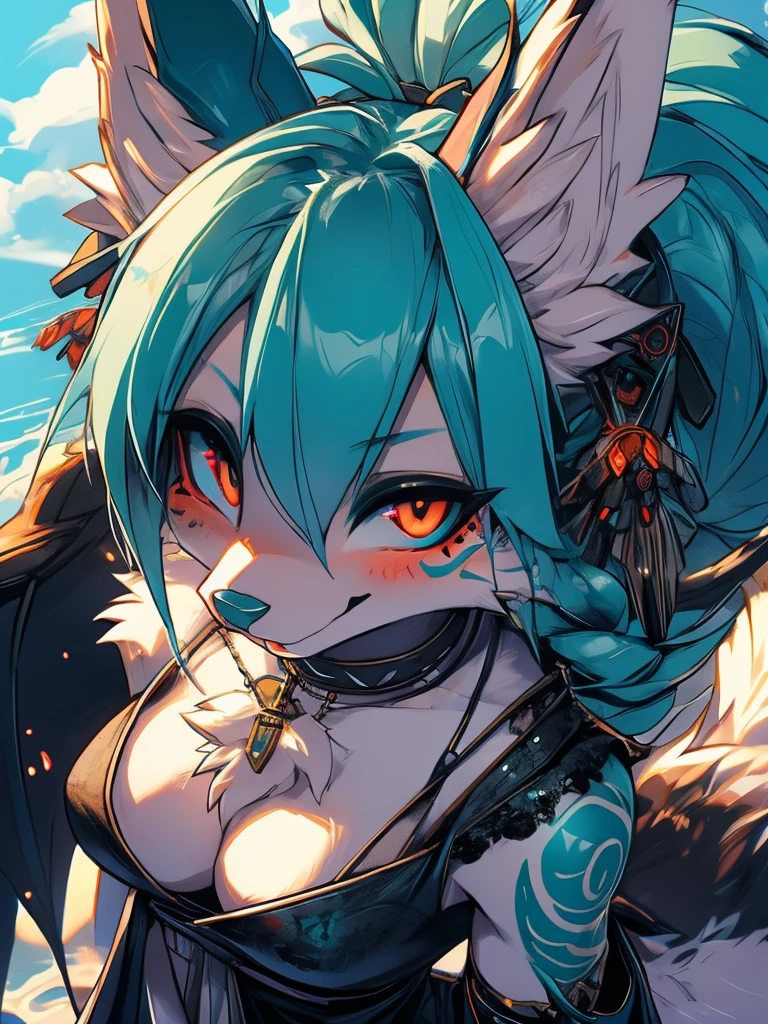 Miku Hatsune, add high definition_detail:1, blue fur,kitsune ears, tribal tattoo add_detail:1, in hell add_detail, batwigs agregar_detail Fer yokai kitsune add_detail:1, as if looking from above down, foreign language, pleasure face, crooked eyes 