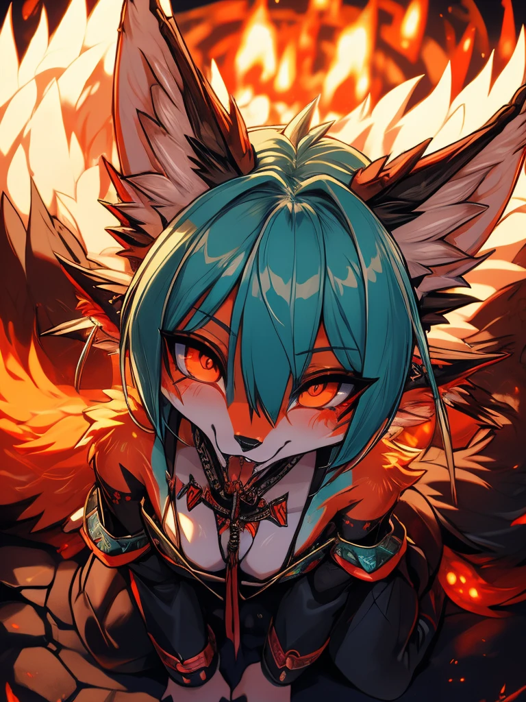 Miku Hatsune, add high definition_detail:1, blue fur,kitsune ears, tribal tattoo add_detail:1, in hell add_detail, batwigs agregar_detail Fer yokai kitsune add_detail:1, as if looking from above down, foreign language, pleasure face, crooked eyes 
