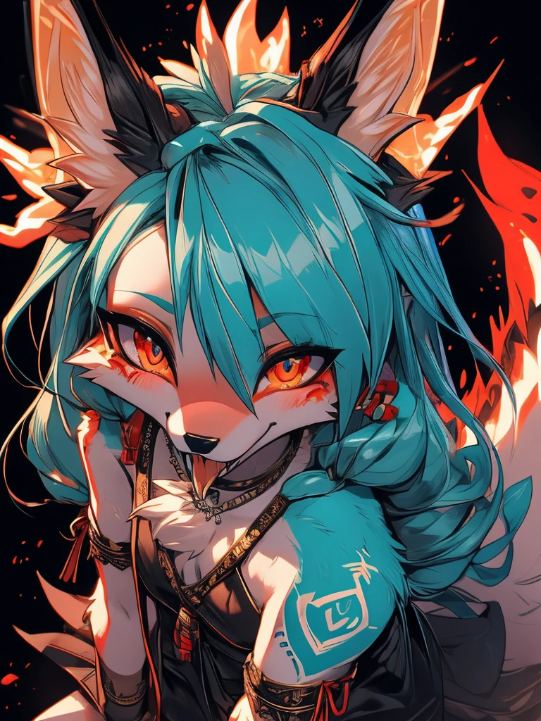 Miku Hatsune, add high definition_detail:1, blue fur,kitsune ears, tribal tattoo add_detail:1, in hell add_detail, batwigs agregar_detail Fer yokai kitsune add_detail:1, as if looking from above down, foreign language, pleasure face, crooked eyes