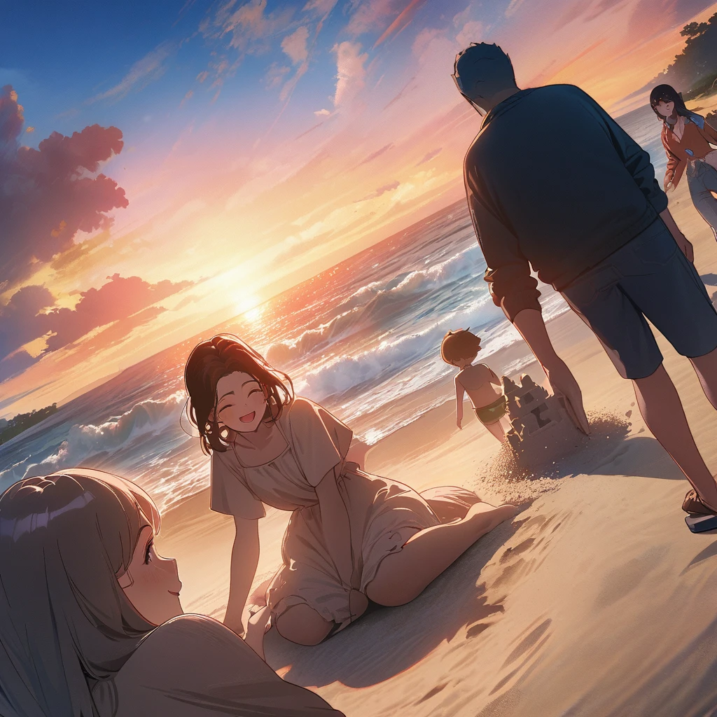 cover page, anime key visual, highres, top quality, best quality, paid reward available, High-quality illustrations, unparalleled masterpiece, perfect artwork, absurdres(family watching sunrise at the beach)((kemono werewolf family with two parents of diverse descents and a child)perfect anatomy, mesmerized by the sunrise, playing with sand and building a sandcastle, serene beach with gentle waves, sky with vibrant colors of dawn, family’s expressions of awe and happiness, moment of peace and togetherness, fan-created work shared on platforms Pixiv or , cinematic lighting, dynamic angle,