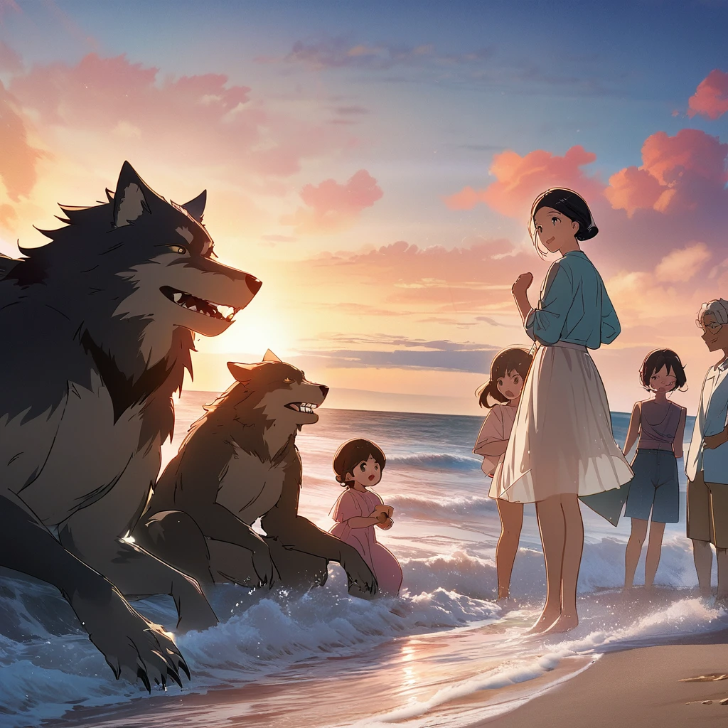 cover page, anime key visual, highres, top quality, best quality, paid reward available, High-quality illustrations, unparalleled masterpiece, perfect artwork, absurdres(family watching sunrise at the beach)((kemono werewolf family with two parents of diverse descents and a child)perfect anatomy, mesmerized by the sunrise, playing with sand and building a sandcastle, serene beach with gentle waves, sky with vibrant colors of dawn, family’s expressions of awe and happiness, moment of peace and togetherness, fan-created work shared on platforms Pixiv or , cinematic lighting, dynamic angle,