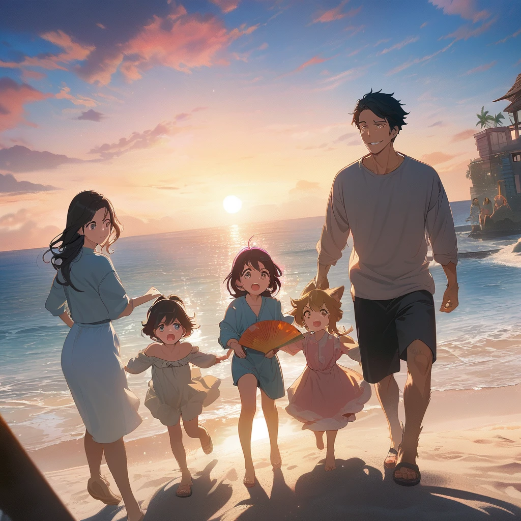 cover page, anime key visual, highres, top quality, best quality, paid reward available, High-quality illustrations, unparalleled masterpiece, perfect artwork, absurdres(family watching sunrise at the beach)((kemono werewolf family with two parents of diverse descents and a child)perfect anatomy, mesmerized by the sunrise,  playing with sand and building a sandcastle, serene beach with gentle waves, sky with vibrant colors of dawn, family’s expressions of awe and happiness, moment of peace and togetherness, fan-created work shared on platforms Pixiv or , cinematic lighting, dynamic angle,