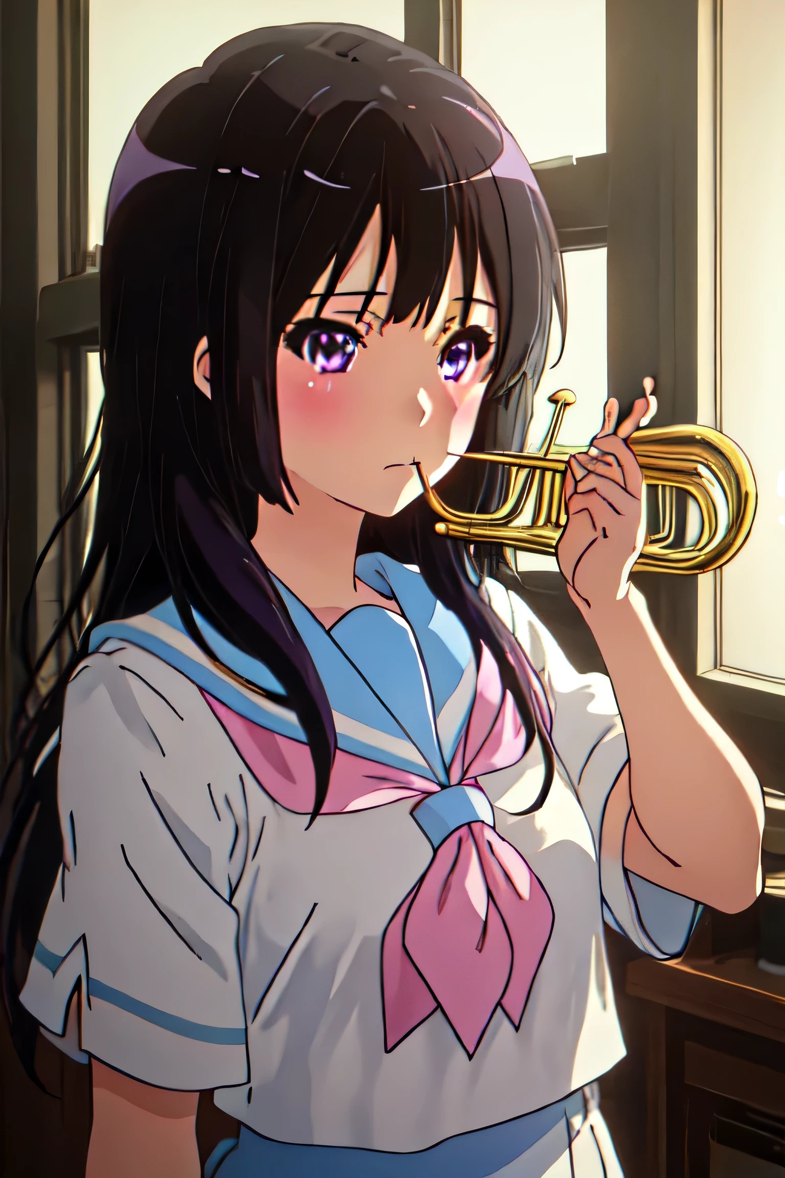 Highest quality, masterpiece, High resolution, alone, {Kousaka_Queen_Sound Euphonium:1.15}, black_hair, length_hair, purple_eye, blush, 前hair, Closed_mouth, Seraphim, uniform