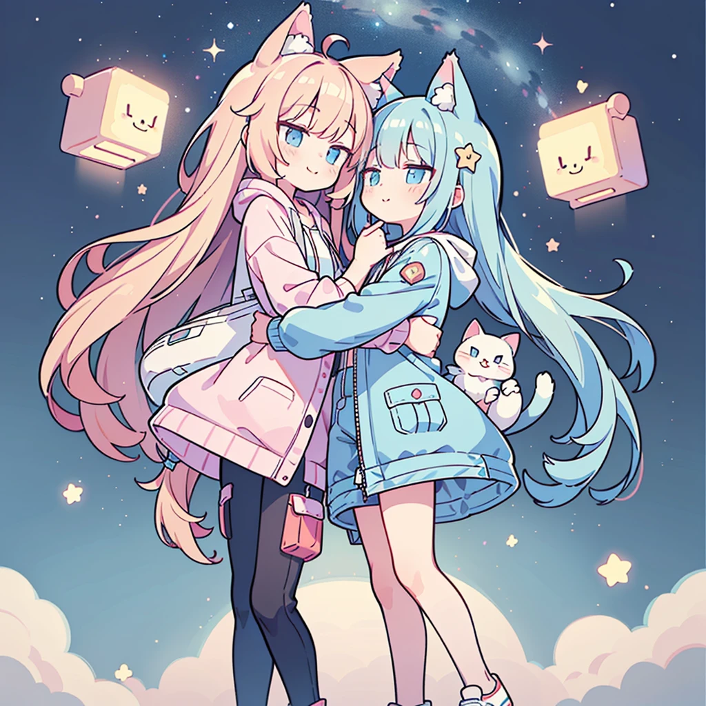 ((Highest quality，masterpiece，Extremely complex and exquisite details，The only woman with gray and blue cat ears and long hair stands in the center.，Gray blue super long straight hair，Curly hair at the ends，Sparse air bangs，Gray and pink T-shirt，Denim hooded short jacket，Black and gray long cargo pants))，(pink and white sneakers，Smile slightly，Surrounded by tons of cute short-legged cats，Correct anatomy)，Super Q cute 3D wireless painting style，Starry sky background vertical painting space scene