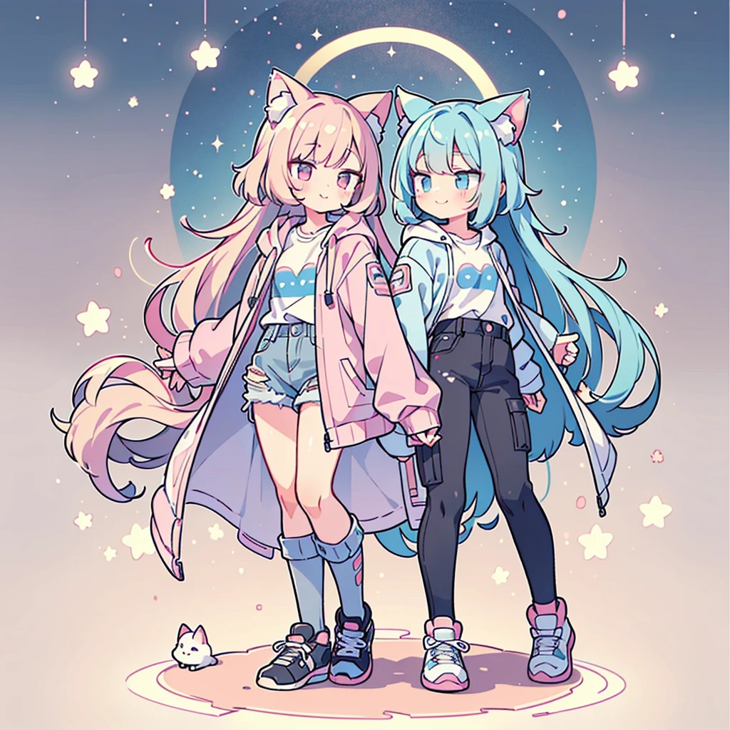 ((Highest quality,masterpiece,Extremely complex and exquisite details,The only woman with gray and blue cat ears and long hair stands in the center.,Gray blue super long straight hair,Curly hair at the ends,Sparse air bangs,Gray and pink T-shirt,Denim hooded short jacket,Black and gray long cargo pants)),(pink and white sneakers,Smile slightly,Surrounded by tons of cute short-legged cats,Correct anatomy),Super Q cute 3D wireless painting style,Starry sky background vertical painting space scene