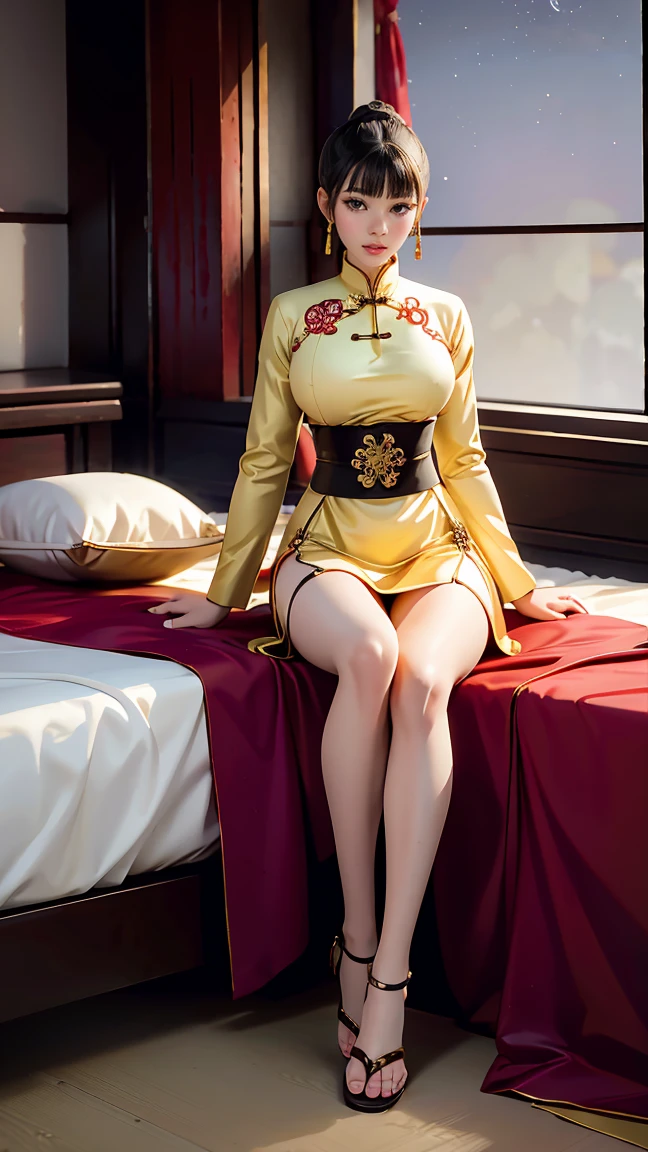 A female empress, with yellow eyes, white militar short hair, with a young face. slim muscular body, but well proportioned. Traditional Chinese imperial clothing dress decorated in gold with black details, red hanafuda earrings, red skirt, black string sandal. meditating on a bed in an ancient Chinese room, with the moon and stars in the window in the background and with flashes of light reflecting on your body. High definition.Sexy anime in 4K, full-body photos, sensual poses,