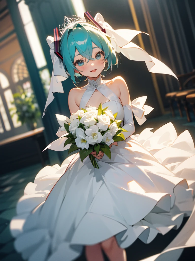 hatsune miku, very shame, very cute, wedding dress, holding a bouquet, showing the tongue