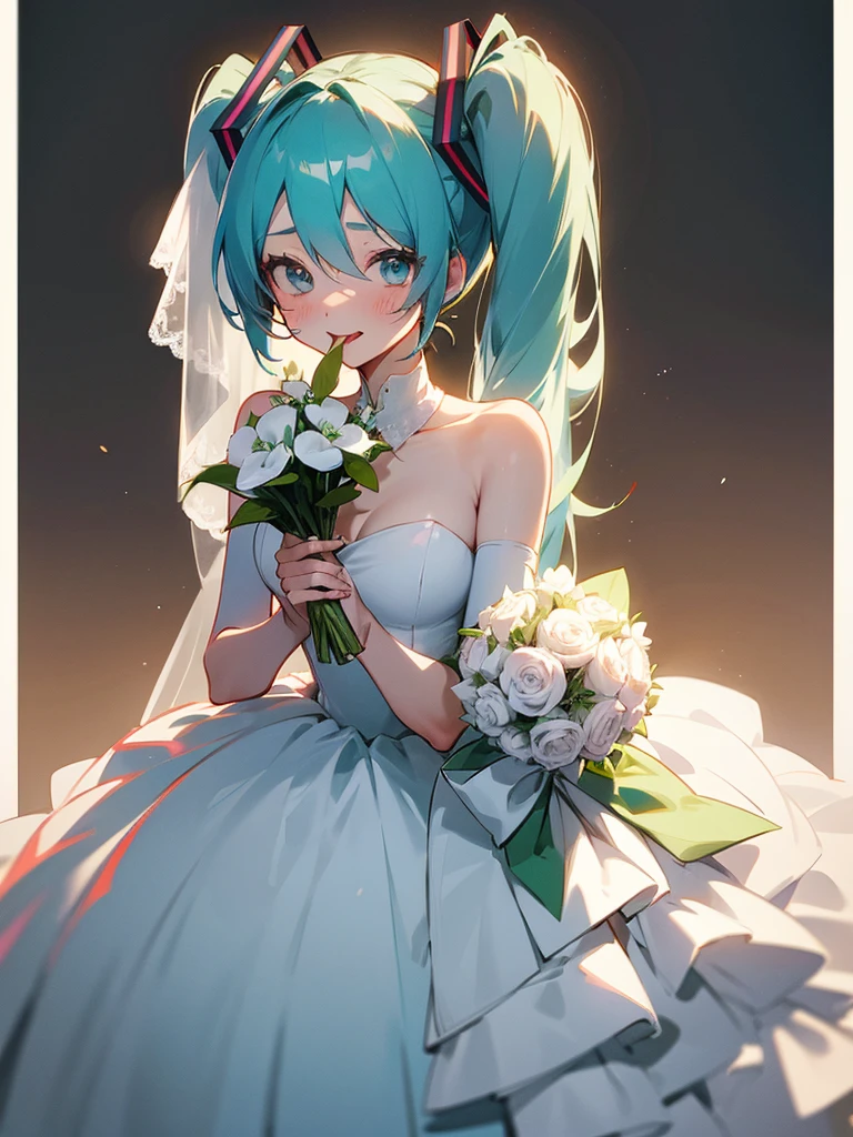 hatsune miku, very shame, very cute, wedding dress, holding a bouquet, showing the tongue