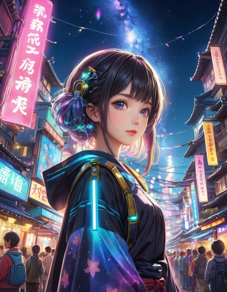 dynamic angle, (close up face), a ultra detailed cute moe anime, Tanabata Cyberpunk is a unique landscape where ancient traditions and future technologies merge. The Tanabata festival is held in a future city illuminated by neon lights. Tanzaku are digitalized, and wishes are uploaded to the cloud. People, dressed in cyberpunk style, write their wishes on digital tanzaku. In the sky, a holographic Milky Way spreads out, and people enjoy the festival under it.