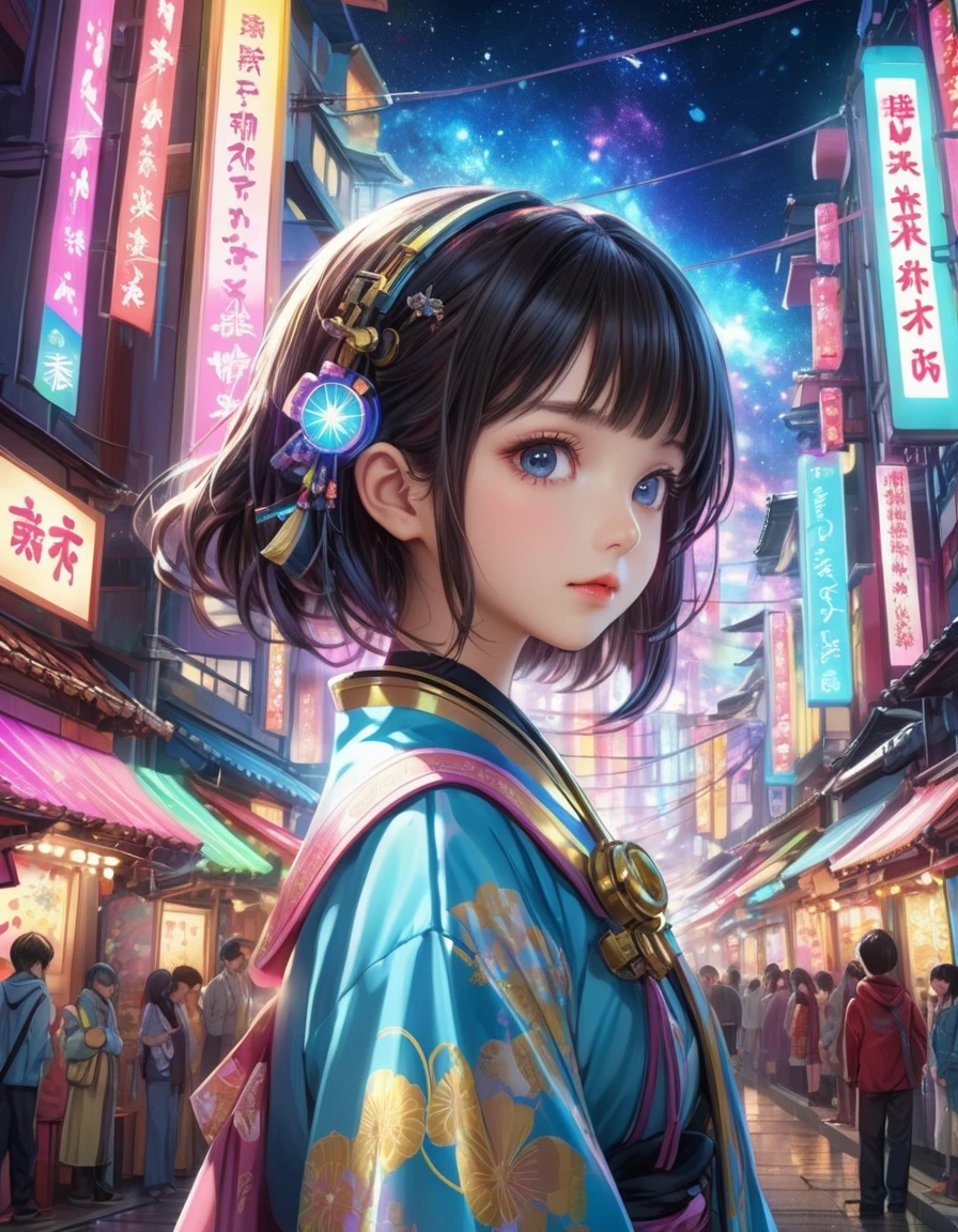 dynamic angle, (close up face), a ultra detailed cute moe anime, Tanabata Cyberpunk is a unique landscape where ancient traditions and future technologies merge. The Tanabata festival is held in a future city illuminated by neon lights. Tanzaku are digitalized, and wishes are uploaded to the cloud. People, dressed in cyberpunk style, write their wishes on digital tanzaku. In the sky, a holographic Milky Way spreads out, and people enjoy the festival under it.