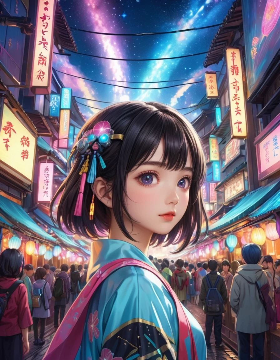 dynamic angle, (close up face), a ultra detailed cute moe anime, Tanabata Cyberpunk is a unique landscape where ancient traditions and future technologies merge. The Tanabata festival is held in a future city illuminated by neon lights. Tanzaku are digitalized, and wishes are uploaded to the cloud. People, dressed in cyberpunk style, write their wishes on digital tanzaku. In the sky, a holographic Milky Way spreads out, and people enjoy the festival under it.