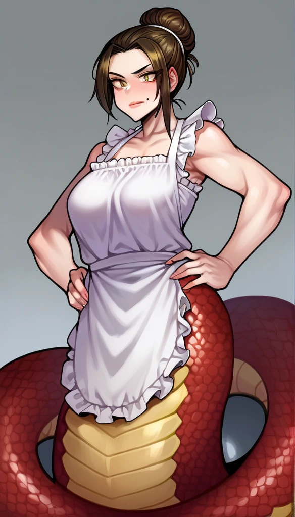 best quality,masterpiece,Ultra-high resolution,(truthfully:4：0）,Eastern Snake Woman,Lamia.long hair shawl,wear cool clothes,apron,Cooking in the kitchen