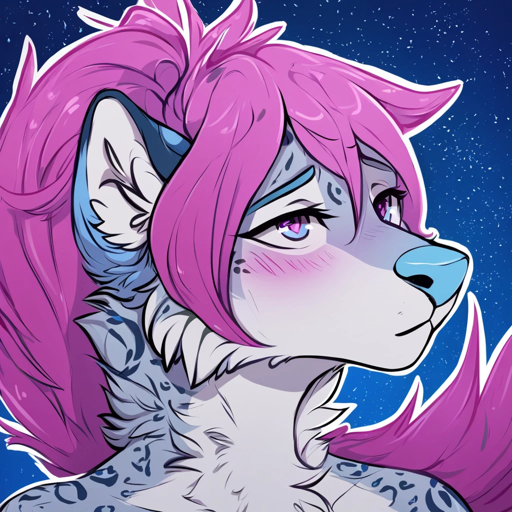 adult, feline, mammal, anthro, anthropomorphic, snow_leopard, striped, fur, striped_feline, fur, furred_anthro, femboy, male, light_pink, magenta_hair, fluffy, long_tail, blue_nose, expressive eyes, feline_ears, magenta_hair, blue_fur, light_blue_chest, shy, small_pupils, spotted_pattern, stripes, digital_art, high_resolution, high_res, hand-drawn, pencil_lines, head_visible, background, neck_visible, seductive_face, blue_galaxy_background, white_outline, detailed_line_work, profile_picture, head_visible