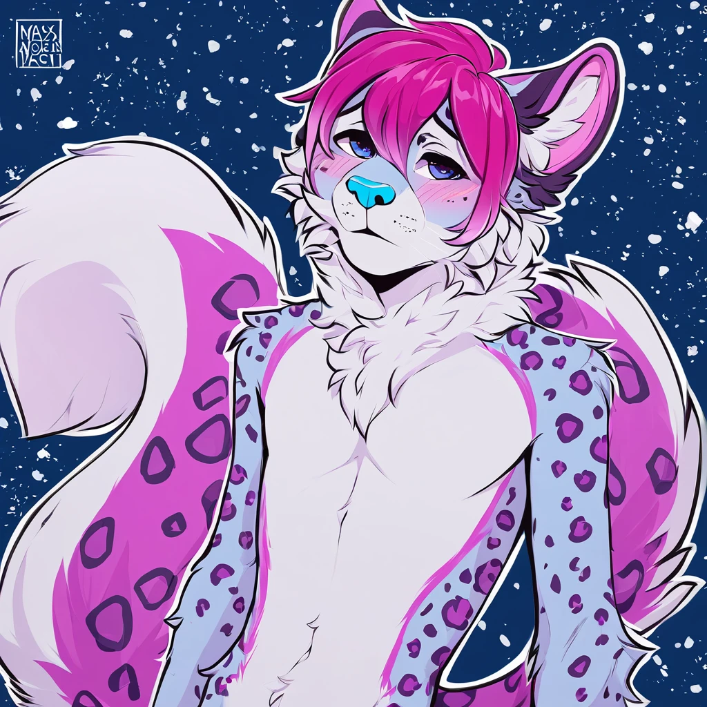adult, feline, mammal, anthro, anthropomorphic, snow_leopard, striped, fur, striped_feline, fur, furred_anthro, femboy, male, light_pink, magenta_hair, fluffy, long_tail, blue_nose, expressive eyes, feline_ears, magenta_hair, blue_fur, light_blue_chest, shy, small_pupils, spotted_pattern, stripes, digital_art, high_resolution, high_res, hand-drawn, pencil_lines, head_visible, background, neck_visible, seductive_face, blue_galaxy_background, white_outline, detailed_line_work, profile_picture, head_visible