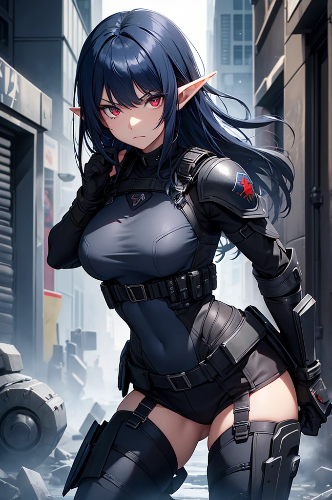 Create a high-quality image featuring an elf girl with dark navy-blue hair and straight bangs, and red eyes. She is a member of a police special forces unit, wearing black and blue body armor. She is in an aggressive pose with an aggressive expression. The background depicts a city inside a dome, with a black armored vehicle next to her. Emphasize that she is an elf girl.
