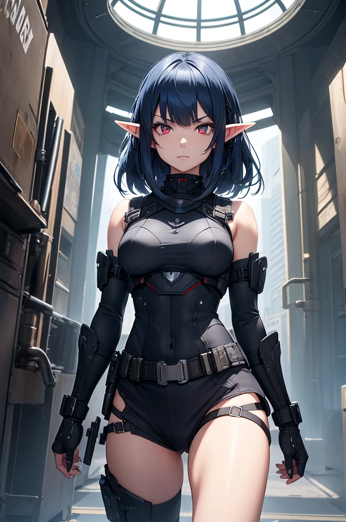 Create a high-quality image featuring an elf girl with dark navy-blue hair and straight bangs, and red eyes. She is a member of a police special forces unit, wearing black and blue body armor. She is in an aggressive pose with an aggressive expression. The background depicts a city inside a dome, with a black armored vehicle next to her. Emphasize that she is an elf girl.
