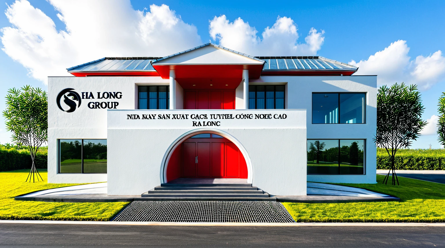 Masterpiece, high quality, best quality, authentic, super detail, outdoors, onestoreyvillaXL, aiaigroup, office style modern on the street ,stairs, red tited roof, glass door, white wall ,road,pavement, grass, trees, sky, cloud, (daylight:1.1)