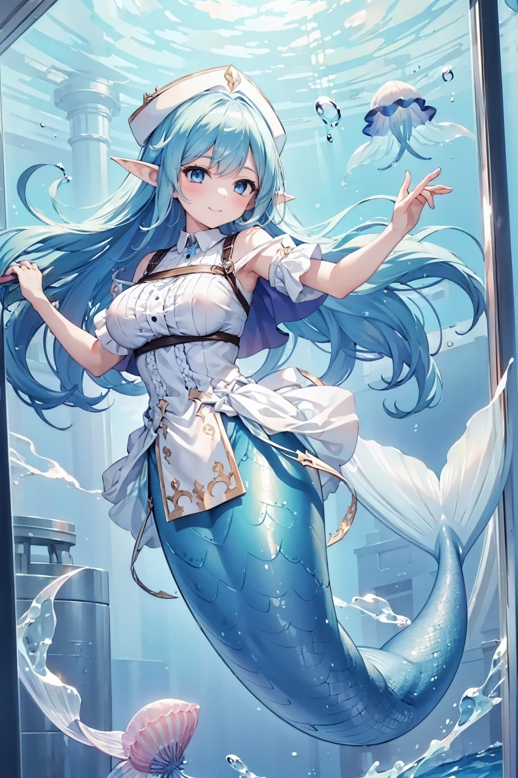 masterpiece, best quality,A girl,Blue Hair,White Dress,blue eyes, Elf ears,独奏,Large Breasts,Mermaid,蓝色的Mermaid尾巴,full-body shot,transportation facilities_against_window,blue theme, (in water:1.2), (air bubble:1.3), Inside the train, (surreal:1.2), (jellyfish:1.2), (whale:1.1),(fish:1.2),blurred foreground,charming face(Kawaii, charming,Soft),Looking at the audience,Smile