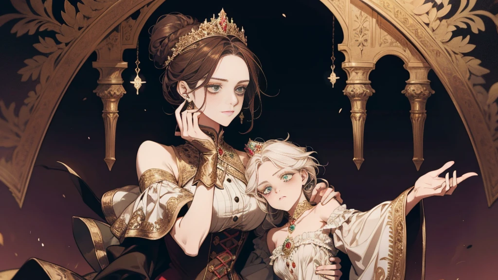 fantasy, 19th century, empress, woman, gentle face, dark hair, collected in a bun, green eyes, in a white royal outfit, national closed European clothing, Gold patterns on fabric, Crystal jewelry, with a scarlet ribbon on the shoulder in royal regalia, Gothic white stone castle in the background, world, is, A high resolution, calm arrogant face, arrogance