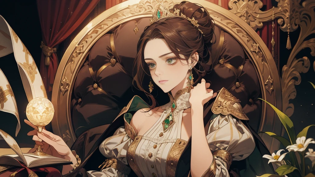 fantasy, 19th century, empress, woman, gentle face, dark hair, collected in a bun, green eyes, in a white royal outfit, national closed European clothing, Gold patterns on fabric, Crystal jewelry, with a scarlet ribbon on the shoulder in royal regalia, Gothic white stone castle in the background, world, is, A high resolution, calm arrogant face, arrogance