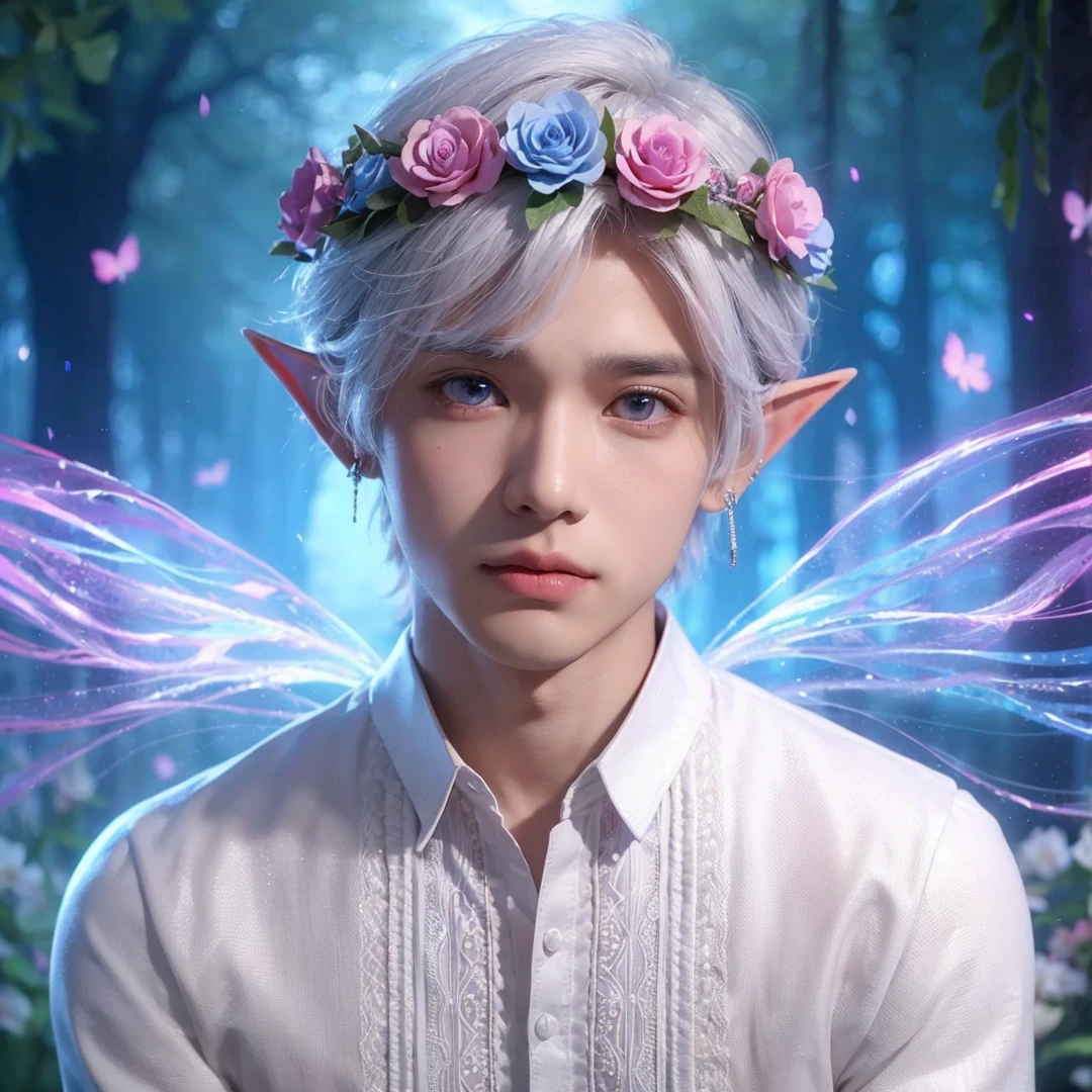 Handsome boy, white hair, white eyes, wearing pink and light blue flower crown, wearing white barong tagalog, elf ear, "surrounded by light blue, pink, and purple light, magic forest background