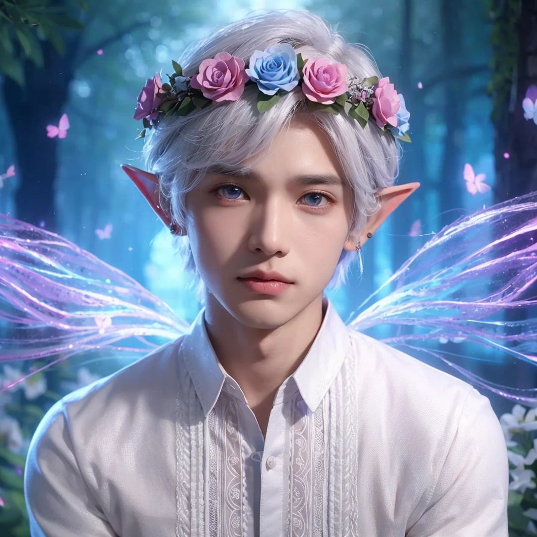 Handsome boy, white hair, white eyes, wearing pink and light blue flower crown, wearing white barong tagalog, elf ear, "surrounded by light blue, pink, and purple light, magic forest background