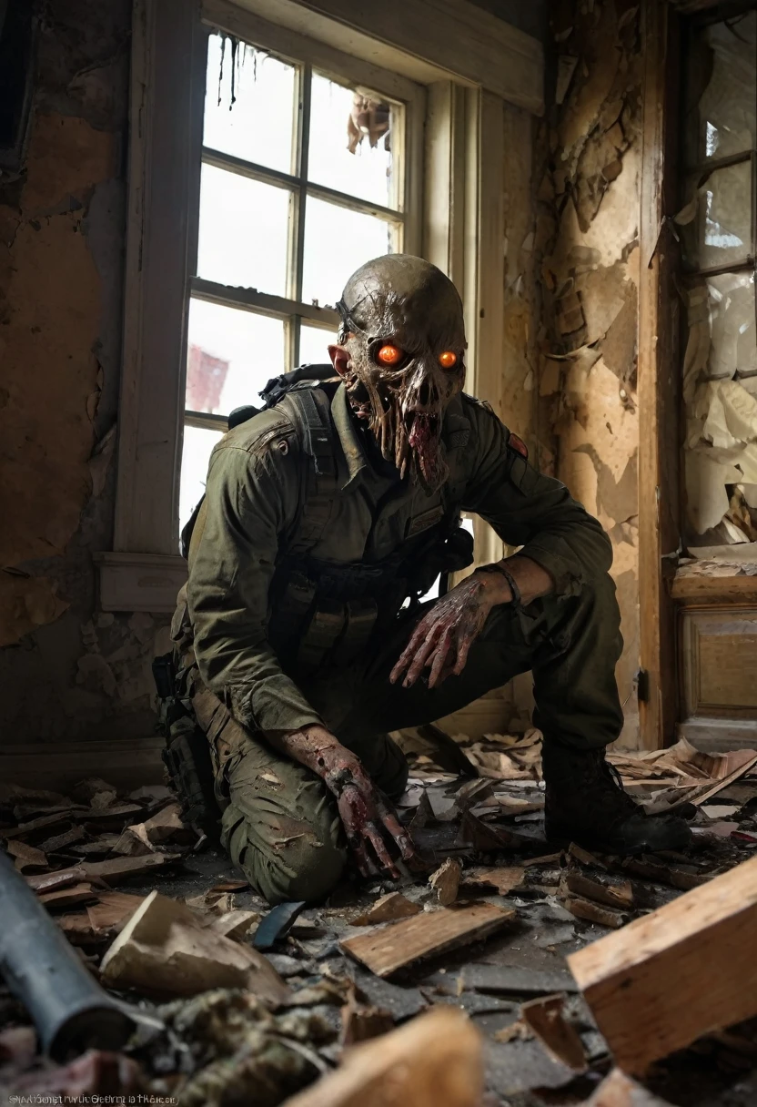 The Survivor:
Dressed in tattered, dark military clothing with tactical gear.
His face is partially obscured by a helmet or mask, eyes wide with terror.
He is crouched behind a shattered window in a dilapidated house, showing visible distress.
The House:
Old and crumbling, with exposed wooden beams and broken bricks.
The window has jagged, broken glass, and the room is dimly lit with shadows playing across it.
Debris scattered around the room.
The Outside:
A deserted, post-apocalyptic city with crumbling buildings and ruined infrastructure.
Streets filled with fog and illuminated by an eerie, supernatural light.
Monsters:
Deformed zombie-like creatures with ragged clothes and rotting flesh.
Lovecraftian cosmic abominations with tentacles, grotesque shapes, and eyes in unusual places.
They move among the ruins, adding a sense of chaotic horror.
Atmosphere:
Dark, oppressive, and foreboding.
Shadows and mist envelop the scene, creating an air of mystery and fear.
Colors are muted with deep contrasts, highlighting the nightmarish quality of the setting.
Scene Description for the Image
A survivor, dressed in dark military clothing with tactical gear, hides inside a crumbling, dilapidated house. He crouches behind a shattered window, his eyes wide with terror as he peers outside. The room is dimly lit, with debris and shadows casting an eerie gloom. Outside the window lies a post-apocalyptic city, enveloped in dense, oppressive fog and illuminated by an otherworldly light. The streets are filled with horrifying creatures: deformed zombie-like figures with decaying flesh, and grotesque Lovecraftian abominations with writhing tentacles and multiple eyes. The ruins of the city stand tall but broken, amplifying the sense of desolation and profound horror that surrounds the survivor.
