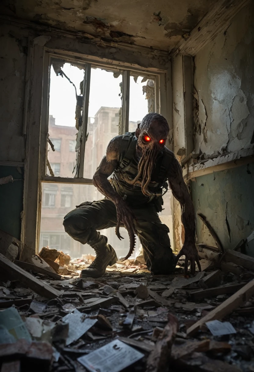 The Survivor:
Dressed in tattered, dark military clothing with tactical gear.
His face is partially obscured by a helmet or mask, eyes wide with terror.
He is crouched behind a shattered window in a dilapidated house, showing visible distress.
The House:
Old and crumbling, with exposed wooden beams and broken bricks.
The window has jagged, broken glass, and the room is dimly lit with shadows playing across it.
Debris scattered around the room.
The Outside:
A deserted, post-apocalyptic city with crumbling buildings and ruined infrastructure.
Streets filled with fog and illuminated by an eerie, supernatural light.
Monsters:
Deformed zombie-like creatures with ragged clothes and rotting flesh.
Lovecraftian cosmic abominations with tentacles, grotesque shapes, and eyes in unusual places.
They move among the ruins, adding a sense of chaotic horror.
Atmosphere:
Dark, oppressive, and foreboding.
Shadows and mist envelop the scene, creating an air of mystery and fear.
Colors are muted with deep contrasts, highlighting the nightmarish quality of the setting.
Scene Description for the Image
A survivor, dressed in dark military clothing with tactical gear, hides inside a crumbling, dilapidated house. He crouches behind a shattered window, his eyes wide with terror as he peers outside. The room is dimly lit, with debris and shadows casting an eerie gloom. Outside the window lies a post-apocalyptic city, enveloped in dense, oppressive fog and illuminated by an otherworldly light. The streets are filled with horrifying creatures: deformed zombie-like figures with decaying flesh, and grotesque Lovecraftian abominations with writhing tentacles and multiple eyes. The ruins of the city stand tall but broken, amplifying the sense of desolation and profound horror that surrounds the survivor.