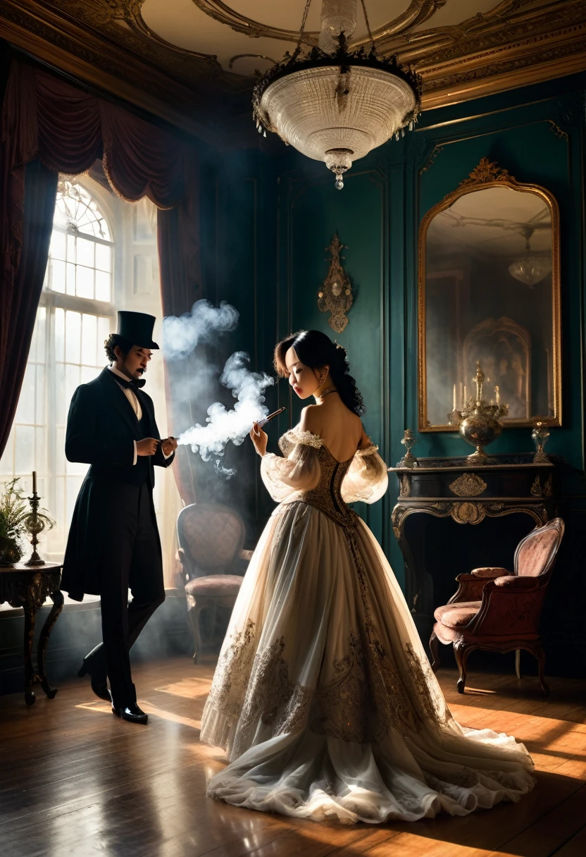 A group of victorian gentlemen in silhouette with their backs to the viewer watching woman on a well lit stage dancing. (the woman is half-asian, asian-european, with black wavy hair). The anonymous gentlemen are smoking, layers of smoke are visible in the dimly lit victorian room. The room is lavishly decorated with sumptuous furnishings like a royal manor. The room has the opulent trappings of a Victorian parlor. Inspired by Pre-Raphaelite art, the woman's form is ethereal and romantic, with flowing locks and delicate features that evoke the beauty of a bygone era. An audience of gentlemen smoking watching her their attention fixated on her beauty. Her elegant gown lies on the floor, ripped open, she dances on the well lit stage with a chandelier,  revealing her breasts and navel, gothic romantic style, with lots of gothic details