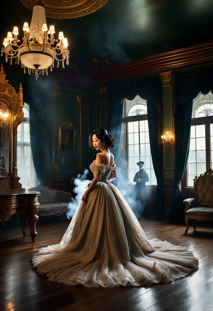 A group of victorian gentlemen in silhouette with their backs to the viewer watching woman on a well lit stage dancing. (the woman is half-asian, asian-european, with black wavy hair). The anonymous gentlemen are smoking, layers of smoke are visible in the dimly lit victorian room. The room is lavishly decorated with sumptuous furnishings like a royal manor. The room has the opulent trappings of a Victorian parlor. Inspired by Pre-Raphaelite art, the woman's form is ethereal and romantic, with flowing locks and delicate features that evoke the beauty of a bygone era. An audience of gentlemen smoking watching her their attention fixated on her beauty. Her elegant gown lies on the floor, ripped open, she dances on the well lit stage with a chandelier, revealing her breasts and navel, gothic romantic style, with lots of gothic details