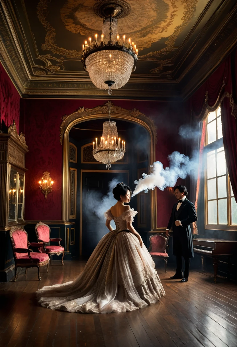 A group of victorian gentlemen in silhouette with their backs to the viewer watching woman on a well lit stage dancing. (the woman is half-asian, asian-european, with black wavy hair). The anonymous gentlemen are smoking, layers of smoke are visible in the dimly lit victorian room. The room is lavishly decorated with sumptuous furnishings like a royal manor. The room has the opulent trappings of a Victorian parlor. Inspired by Pre-Raphaelite art, the woman's form is ethereal and romantic, with flowing locks and delicate features that evoke the beauty of a bygone era. An audience of gentlemen smoking watching her their attention fixated on her beauty. Her elegant gown lies on the floor, ripped open, she dances on the well lit stage with a chandelier,  revealing her breasts and navel, gothic romantic style, with lots of gothic details