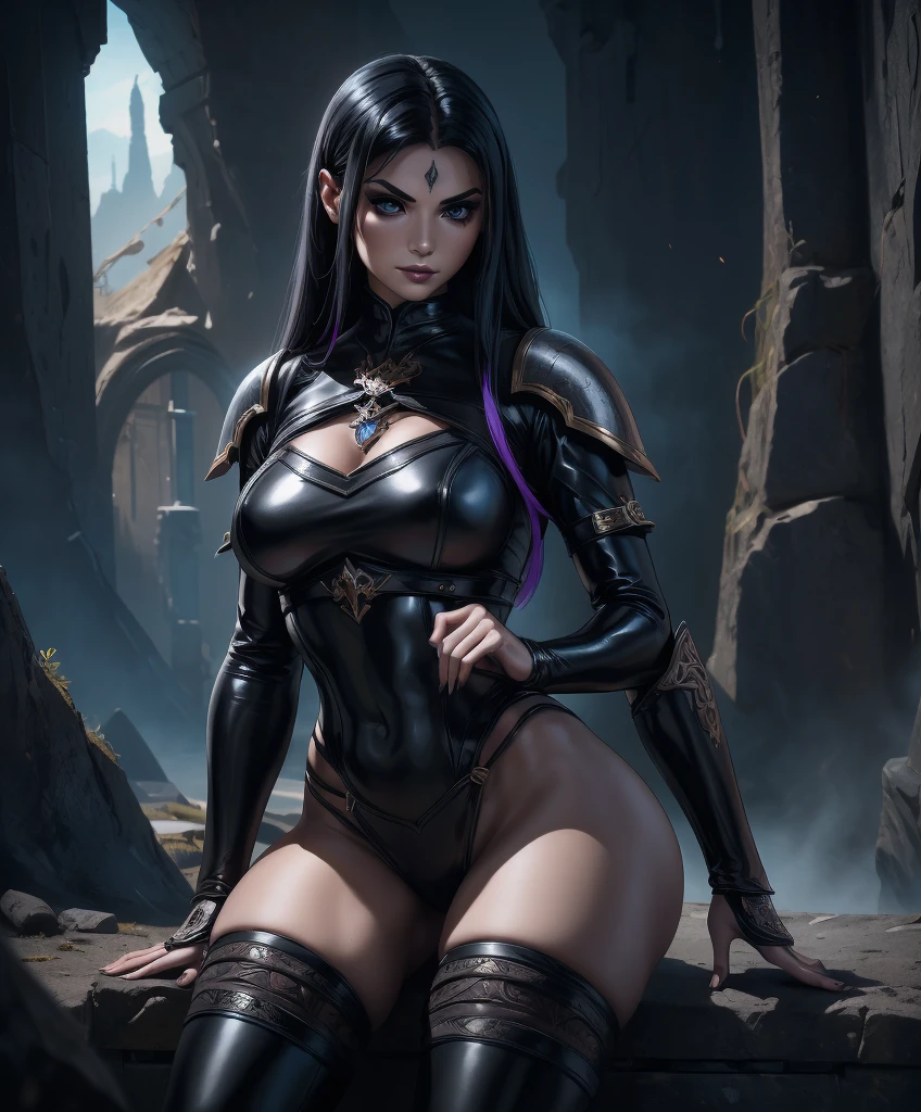(((Single character image.))) (((1girl))) (((18 years old.))) (((18yo.))) (((Dressed in medieval fantasy attire.))) (((Create a captivating and enigmatic female warrior reminiscent of sexy glamor models.))) (((She wears medieval fantasy attire.))) 18 years old. 18yo. This is a fantasy character portrait. (((Large chest.))) Design a dangerous and sleek female mercenary for a fantasy setting. This is a ruthless mercenary who is dark and sneaky. She looks like a femme fatale in leather clothes. The clothes are black with purple trim and she has a darkly attractive appearance. (((The colors in the image are dark and muted.))) Her hair is long and white and in an exotic style. She is powerful, dangerous and a slender and sleek figure in a dark fantasy setting. Firm breasts. Alluring appearance. Seductive. Dangerously sexy. She wears form-fitting armor, gorgeous face, Dungeons & Dragons character portrait, intricate details, ultra detailed, very intense appearance, ultra detailed clothes, epic masterpiece, ultra detailed, intricate details, award winning, fantasy art concept masterpiece, trending on Artstation, digital art, unreal engine, 8k, ultra HD, centered image,